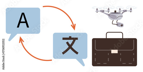 Arrows connect speech bubbles with text in different languages, symbolizing translation. Nearby, a quadcopter and briefcase suggest technology, business, and global interaction. Ideal for