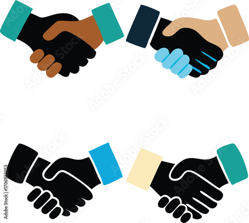 Vector art of diverse handshake icons, symbolizing unity, collaboration, and global partnership in a modern, minimalist design concept