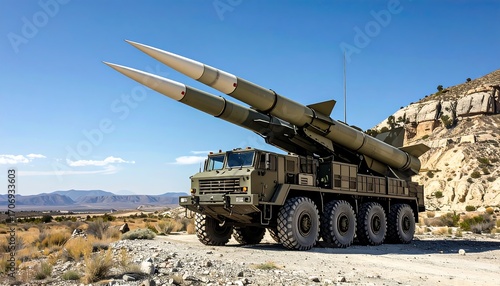 A large military vehicle carries two missiles pointed towards the sky against a backdrop of desert mountains and blue sky