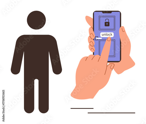 Hand pressing unlock button on smartphone screen with lock icon and human figure. Ideal for security, technology, personal data, privacy, authentication, digital access, identity. Simple flat