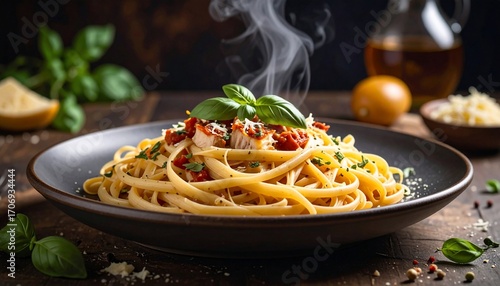 Wallpaper Mural Delicious Steaming Pasta Dish with Basil and Tomato Sauce Torontodigital.ca