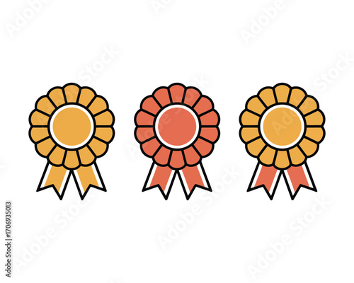 An illustration of three award ribbon icons, a set of gold and red prize medals representing victory and achievement