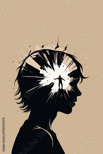 Abstract illustration of mental trauma and inner explosion – silhouette head with human figure inside mind