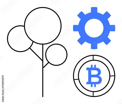 Minimalist tree with three circular elements, blue gear, and Bitcoin logo. Ideal for technology, finance, sustainability, innovation, blockchain progress and digital transformation. Simple flat