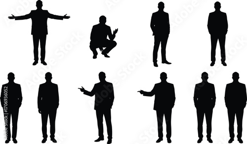 Businessman silhouette collection in formal suit, standing, pointing, sitting, presenting, professional office worker, corporate manager, leadership, business concept