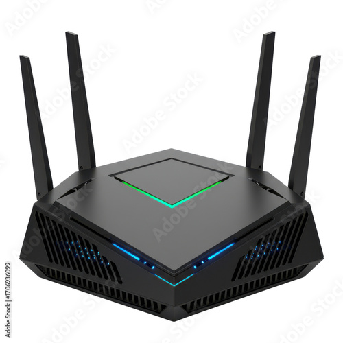 Modern black router with illuminated details isolated PNG with Transparent Background