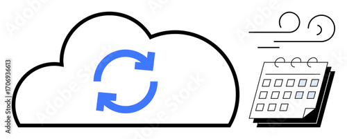 Cloud outline with blue sync arrow, adjacent calendar, and wind lines suggesting flow. Ideal for data management, cloud storage, scheduling, time management, planning, automation connectivity