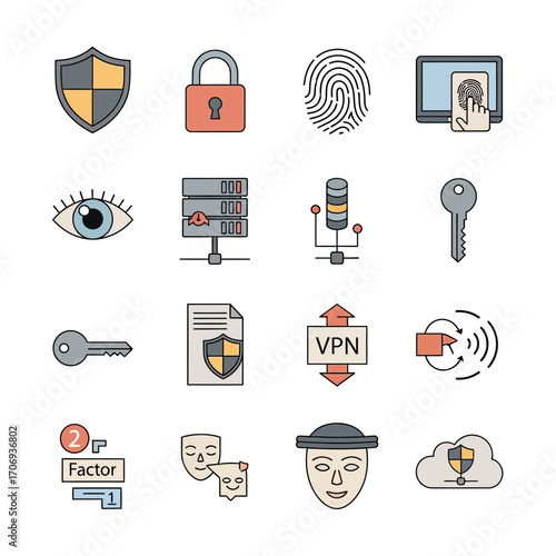 A collection of colored line art icons representing cybersecurity, data protection, and online privacy concepts, including a shield, lock, and fingerprint.