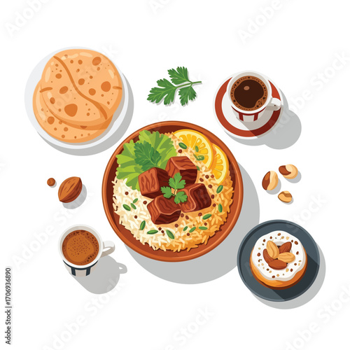 Vector illustration of a complete culinary meal with meat stew, rice, flatbread, and coffee, isolated on a white background