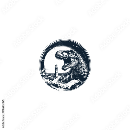 Unique vintage engraving illustration in a circular frame showing a giant T-Rex dinosaur emerging from stormy ocean waves near a tall lighthouse. Concept for bizarre fantasy, prehistoric monsters