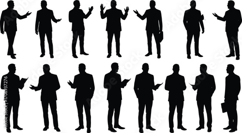 Businessman silhouette people standing, presenting, talking, holding documents, professional corporate men in suits, shadow figures isolated on white background