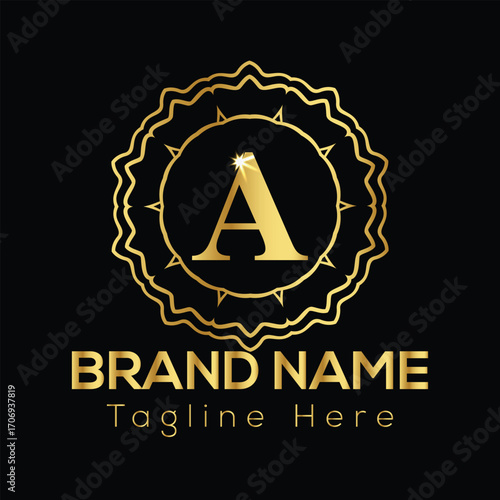 Golden letter A emblem with ornate border and brand name text on black background logo symbol