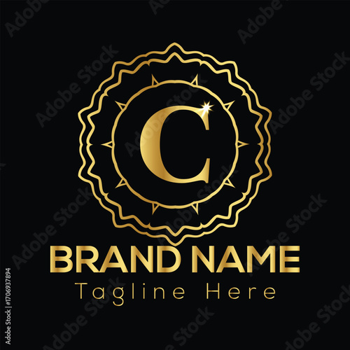Golden letter C emblem with decorative border and brand name text on black background letter C logo