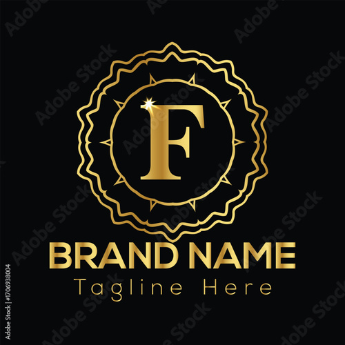 Golden letter F emblem with ornate border and brand name text on black background F letter logo