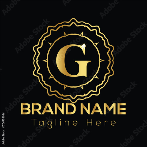 Golden letter G emblem with ornate border and brand name text on black background logo monogram