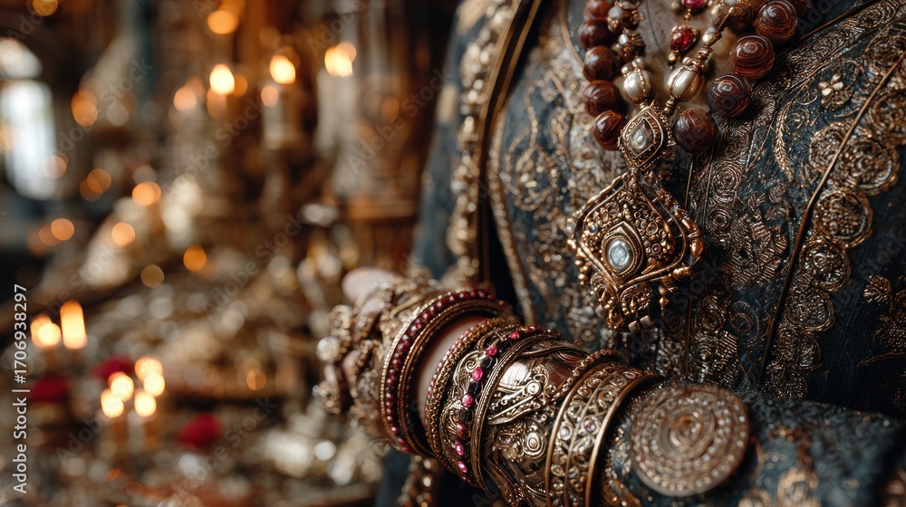 Fototapeta premium Opulent Detail: Exquisite Jewelry and Gilded Textiles in a Romantic Setting