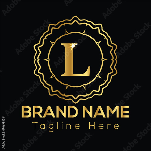Golden letter L inside ornate circular frame with brand name and tagline text logo
