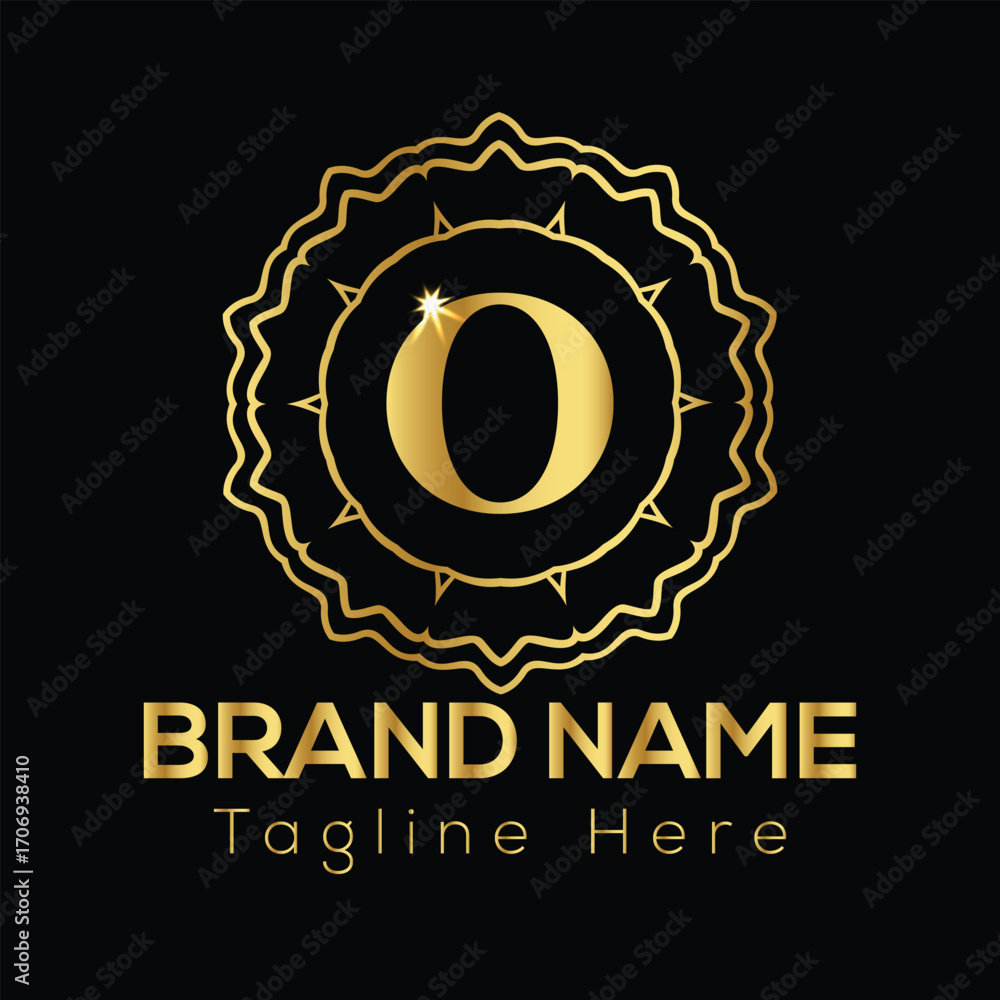 Fototapeta premium Golden letter O emblem with brand name and tagline text on black background logo