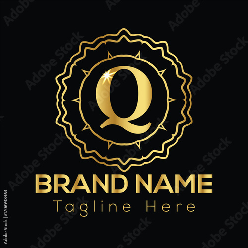 Golden letter Q emblem with ornate border and text placeholders for brand name and tagline logo