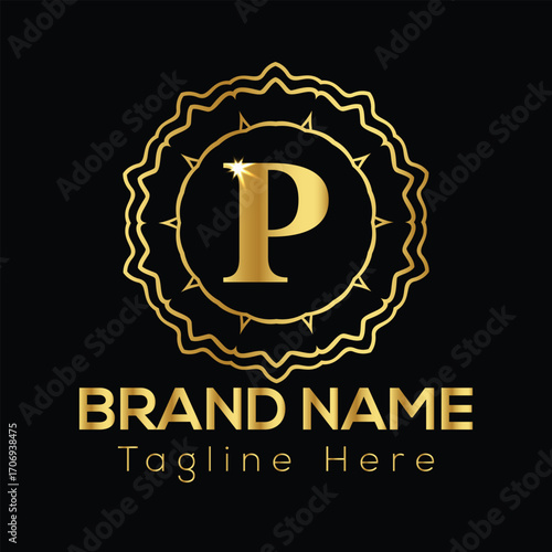 Golden letter P inside ornate circular emblem with brand name and tagline text golden P gold letter