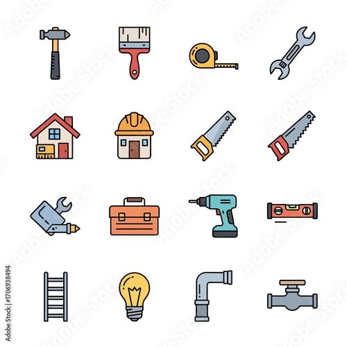 Collection of colorful construction and home improvement tools icons.