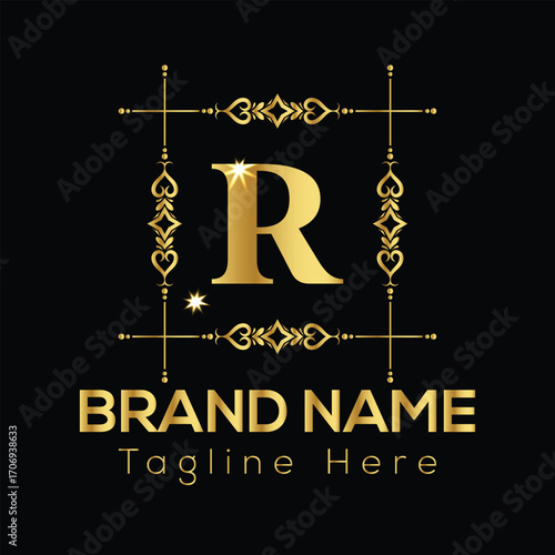Golden letter R within ornate frame with brand name and tagline text vector