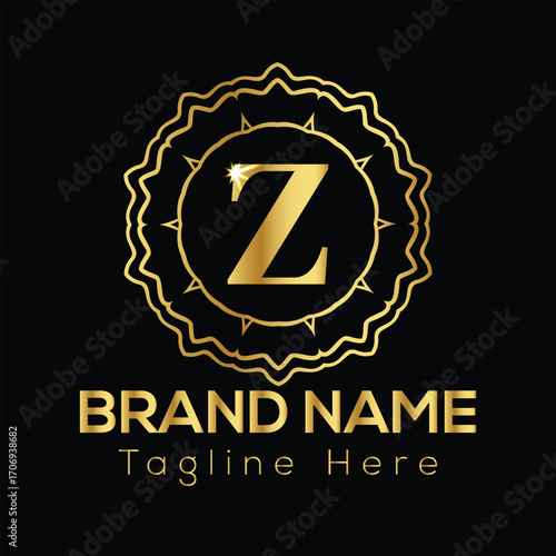 Golden letter Z logo with ornate circular frame and text placeholders for brand name and tagline