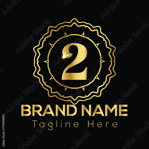 Golden number 2 emblem with brand name and tagline text on black background numeral