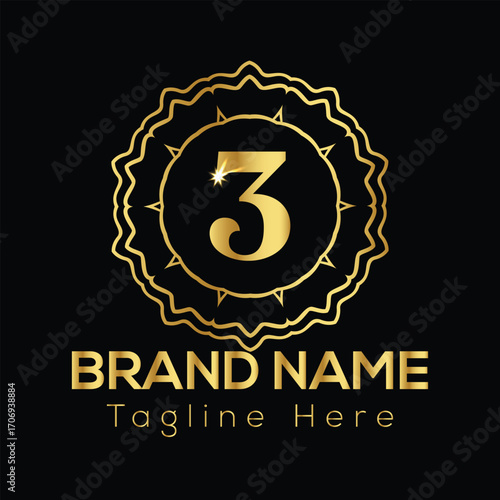 Golden number 3 emblem with brand name and tagline text on black background logo