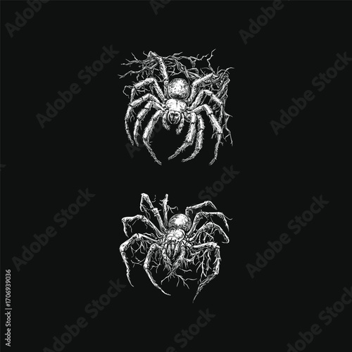 Highly detailed white-on-dark vintage engraving illustration of a large, hairy spider (tarantula), with entangled legs. Concept for horror, Halloween, wildlife, and dark nature art