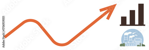 Orange upward arrow with wavy start, bar graph, and industrial factory. Ideal for growth, business, economy, progress, industry statistics and sustainability concepts. Simple flat metaphor