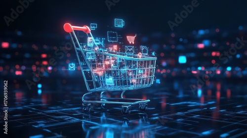 Digital shopping cart with floating icons on a futuristic surface with a blurred city background