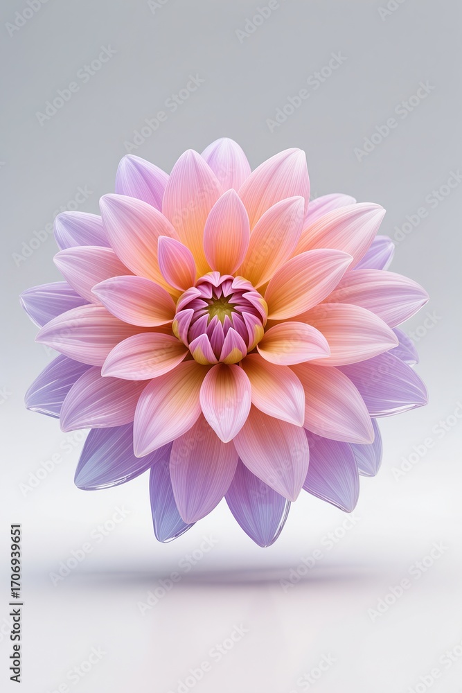 Fototapeta premium A surreal, simple 3d artwork of a Gradient dahlia with 3D glass effect, modern digital art, white base
