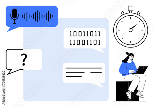 Speech bubble with sound wave, binary code, stopwatch, and woman on a laptop highlighting coding, communication, and time tracking. Ideal for technology, productivity, learning teamwork innovation