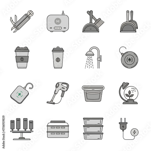 Collection of household items and tools in a minimalist line art style.