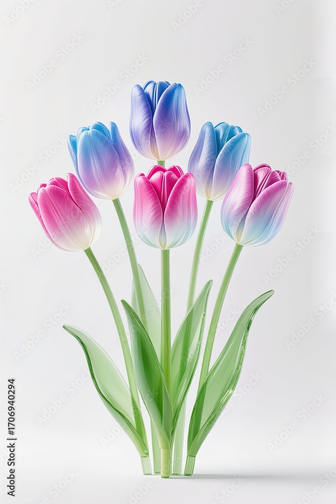 Naklejka premium A 3d artwork of a Gradient of tulips with a 3D glass effect, modern digital art, white base
