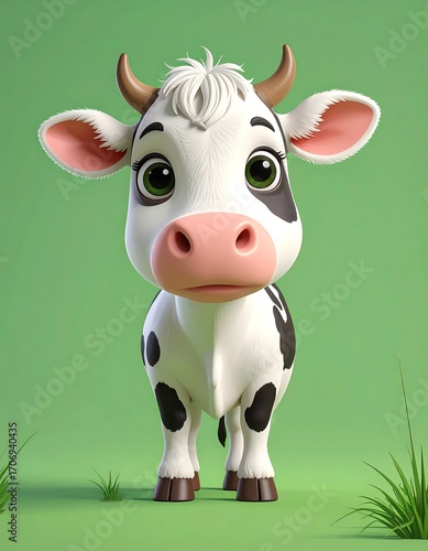 Cute cartoon cow on green background