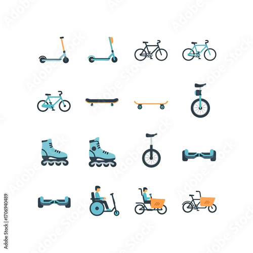 Collection of various personal transportation vehicles and mobility devices.
