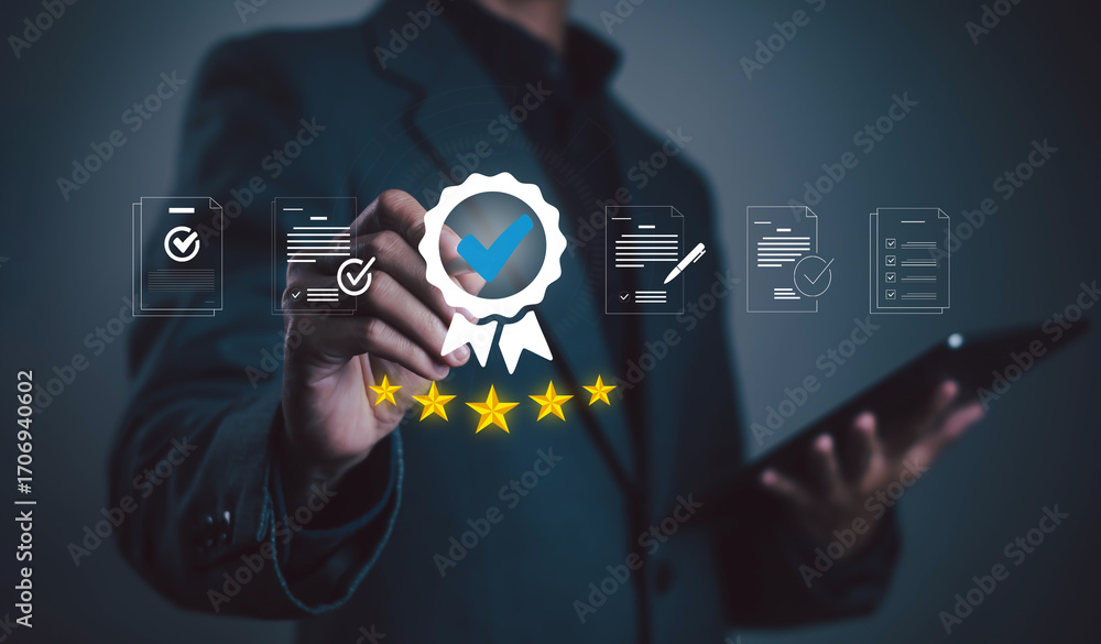 Φωτογραφία Businessman with digital certification badge five stars, symbolizing quality assurance, standard approval, business excellence, compliance, service rating, customer trust, professional certification
