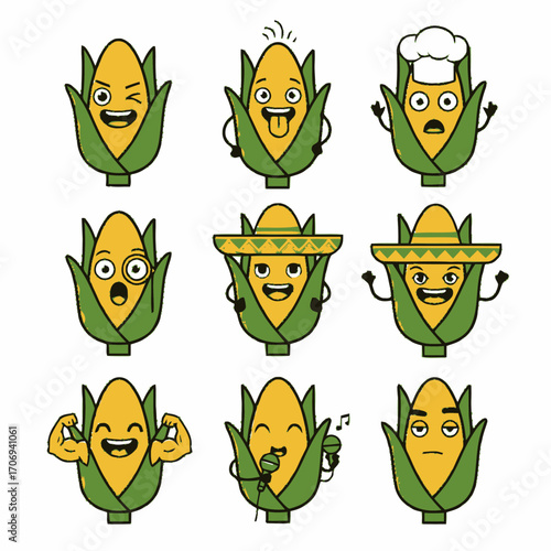 Cartoon Corn Cobs with Various Expressions and Accessories Illustration.