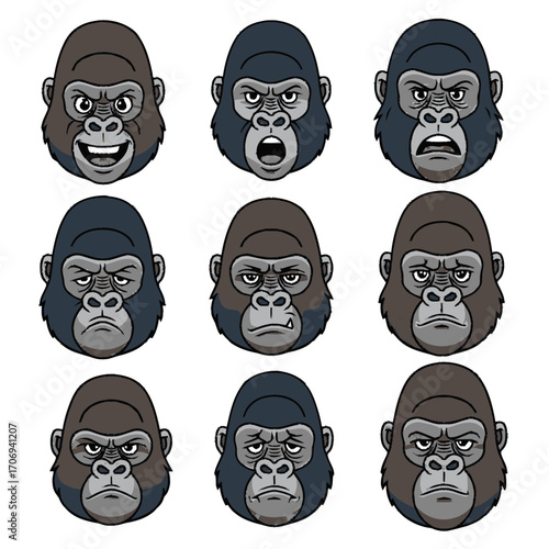 Cartoon Gorilla Heads with Various Expressions Angry Sad Happy and Neutral.