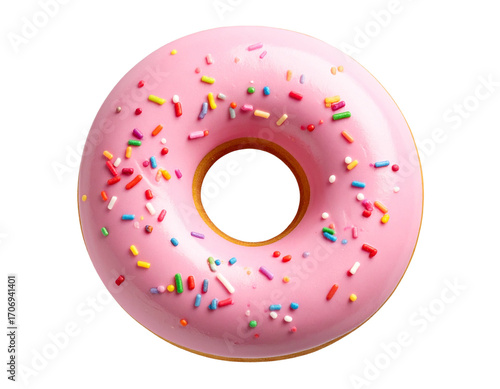  Pink Frosted Donut with Sprinkles, Top-Down Flat Lay, isolated on transparent background.