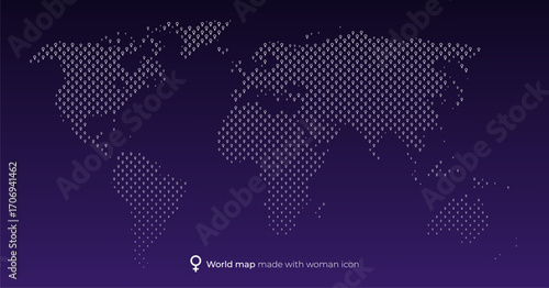 Vector illustration of a world map made with symbols or icons of women or feminisms on a purple gradient.