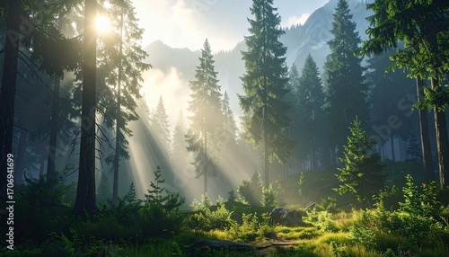 Wallpaper Mural Sunbeams Illuminating a Misty Mountain Forest Torontodigital.ca