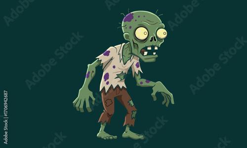 Creepy cartoon zombie illustration, scary green undead monster with torn clothes, spooky horror character design, Halloween walking dead vector artwork