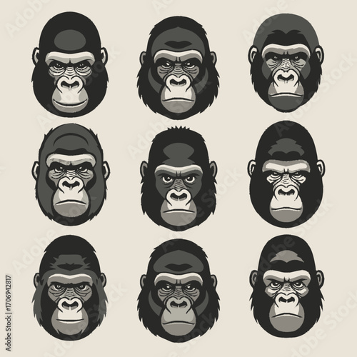Nine Gorilla Heads with Varying Expressions and Fur Styles in Grayscale.