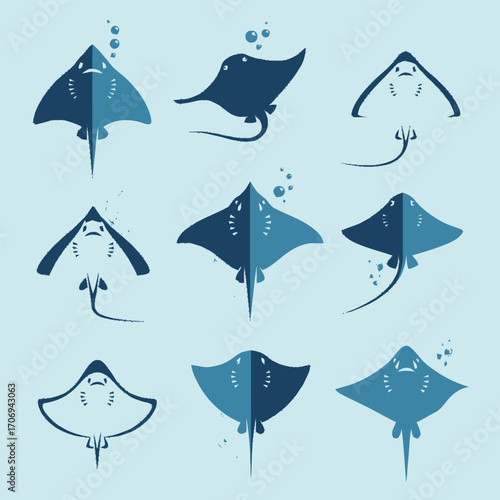 Stylized Blue Stingray Collection Graphic Marine Life Illustrations.