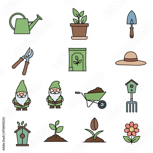 Gardening tools and accessories set with plants and gnomes.