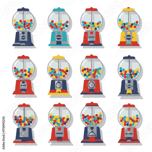 Colorful Gumball Machines Retro Candy Dispensers with Assorted Gum Balls.