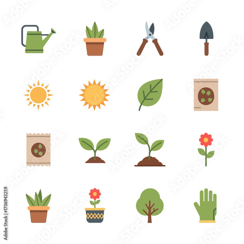 Gardening tools and plants flat icon set.